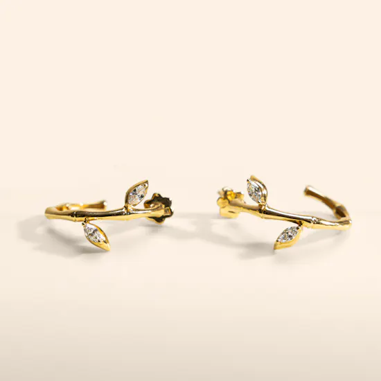 Siran by Iram Gold Lucky Bamboo Hoop Earrings with Diamond Leaves