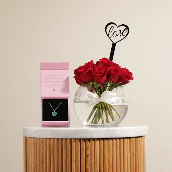 Zia Silver Heart Malachite Zircon Necklace | I Love You Red Rose Vase
