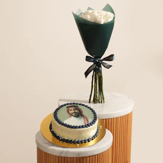 Floward Personalized Photo Chocolate Blue Cake | Stunning Flowers Bouquet