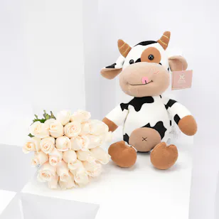 Floward Plush Cow with 25 White Roses Bouquet