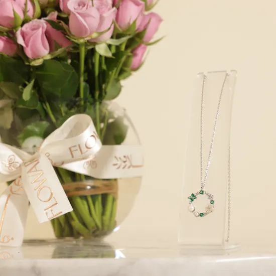 Zia Summer Emerald and Seed Pearl Pendant Silver Necklace | Always on My Mind Flower Vase