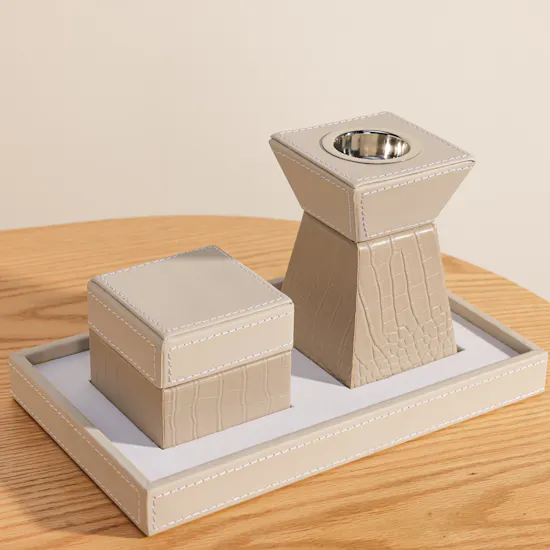 Cascades Tray Set With Leather Mabkher and Incense Box | Beige