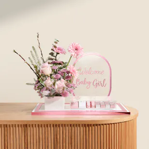 Floward Welcome Baby Girl Chocolate Tray | Pink Festive Flowers