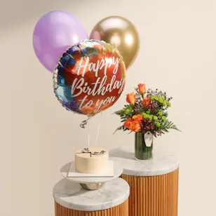 Floward Birthday Kick Age Meme Cake | Bright Flowers Vase and Balloons Set
