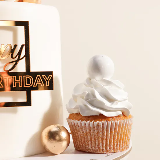 December Cake Golden White Birthday Cake and Cupcakes