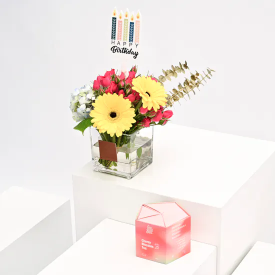 Feel Good Tea Cherry Blossom Tea with Birthday Blooms Vase