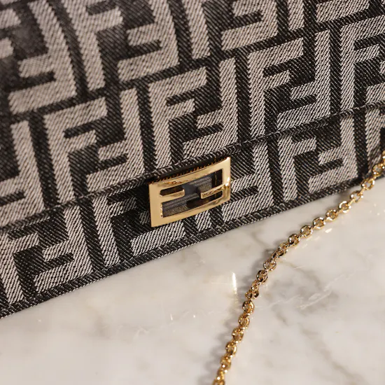 Fendi Blue Denim-Effect FF Jacquard Wallet On Chain Baguette
