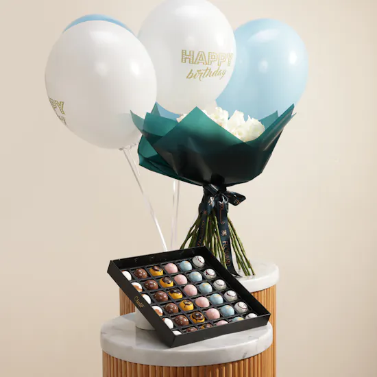 Chocolate Creations Chocolate Box | Flowers Bouquet and Happy Birthday Balloons