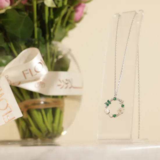 Zia Summer Emerald and Seed Pearl Pendant Silver Necklace | Always on My Mind Flower Vase