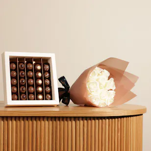 Ghazl Chocolatier Kunafa Chocolate Box | Royal White Flowers Bouquet 