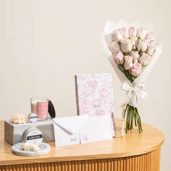 Catmint Candles Floral Candle Gift Set | Harrods Pretty Pink Writing Set and Flowers