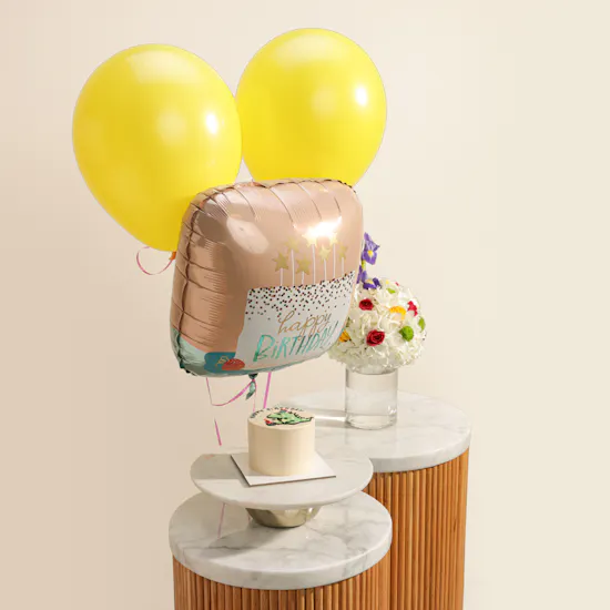 Floward Mini Dino Birthday Vanilla Cake | Flowers Vase and Happy Birthday Balloons