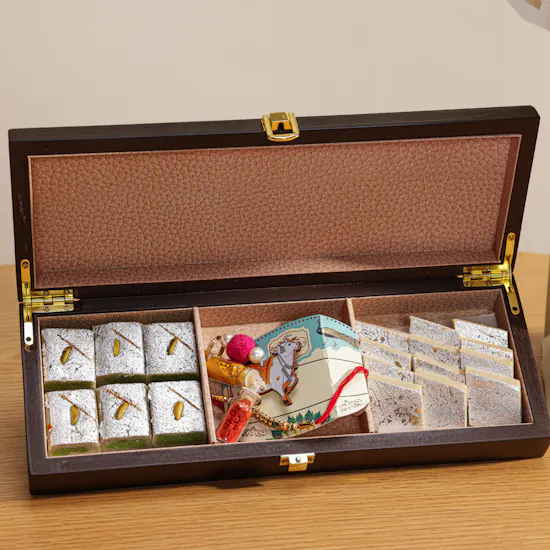 MyGovindas Rakhi Small Assorted Sweets Wooden Hamper | Masculine Scent & Flowers