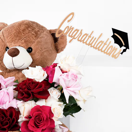 Congratulations for New Beginnings | Flowers and Teddy Bear