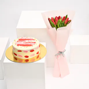 Helen's Bakery Congratulations Cake with 12 Red Tulips Bouquet