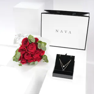 Nava Jewelry Two Layered Rose Gold Necklace | 12 Red Roses Bouquet