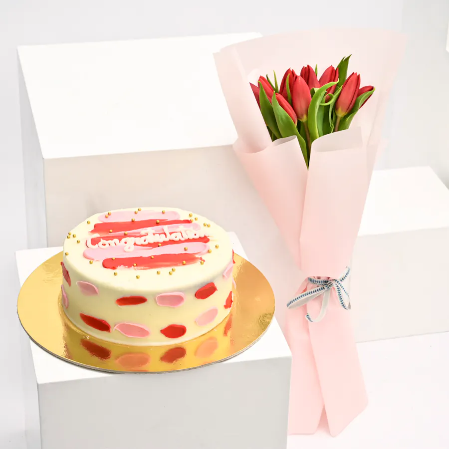 Helen's Bakery Congratulations Cake with 12 Red Tulips Bouquet 1