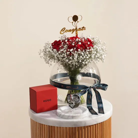 Hugo Boss Leather Men's Watch | Red Roses Glass Vase