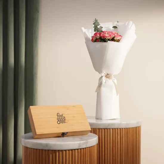 Feel Good Tea Wooden Box | Heart whispered Flower Bouquet