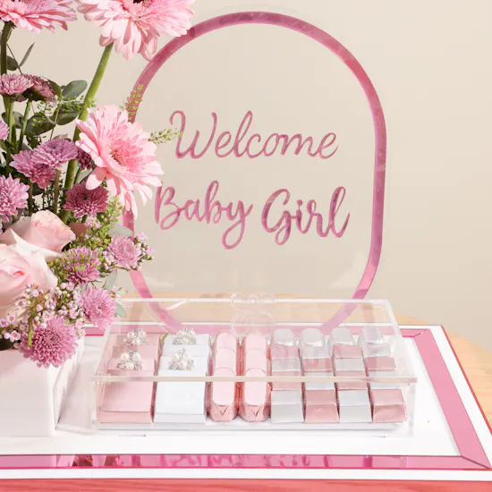 Floward Welcome Baby Girl Chocolate Tray | Pink Festive Flowers