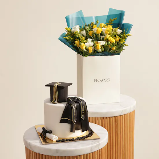 Floward Black and White Class of 2026 Graduation Cake | Shining Flowers Bouquet