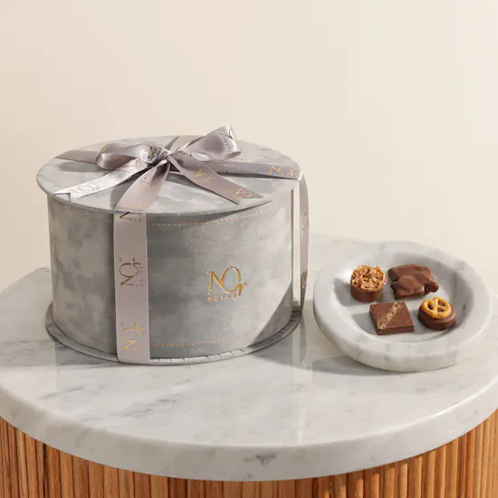 Nor Noyau Large Round Grey Velvet Chocolate Box