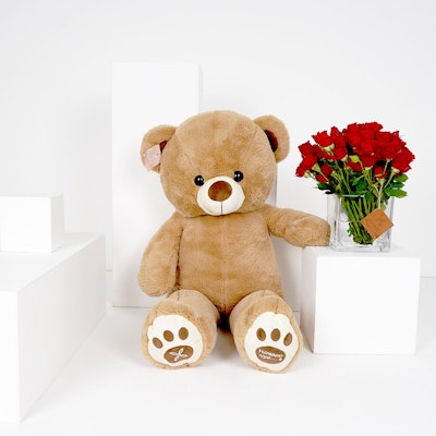Medium Red Baby Roses Square Vase with a Medium Teddy Bear