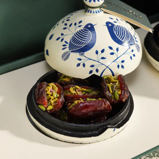 Bonbonniere Pistachio Rose and Pecan Crunch Stuffed Dates Gift Set | Gentle Radiance Flower Vase