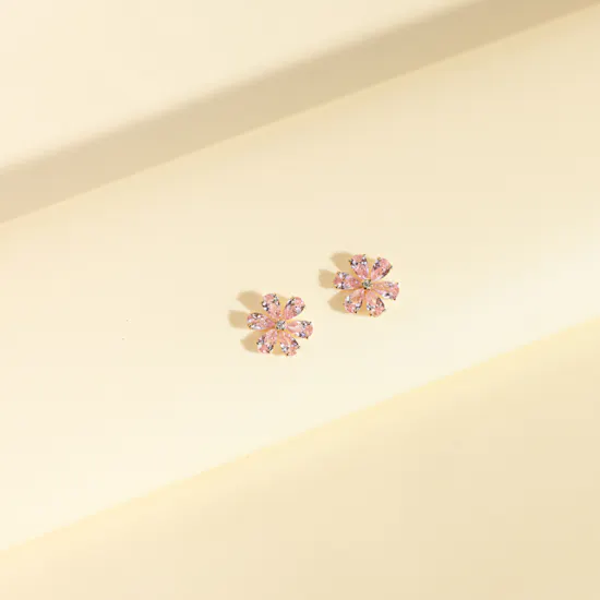 Miss L' by L'azurde Flower Diamond & Pink Stones Stud Earrings