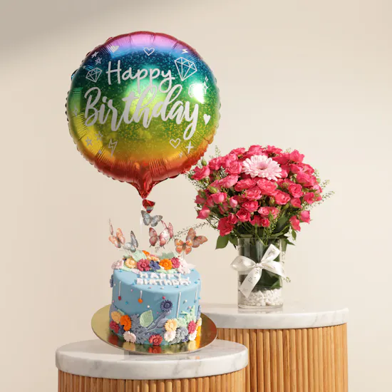 Floward Butterfly Birthday Cake | Enchanting Flower Vase and Balloons