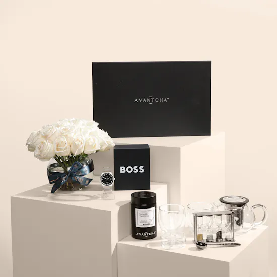 Avantcha Luna Tea Gift Set & Hugo Boss Automatic Men's Watch with Flowers