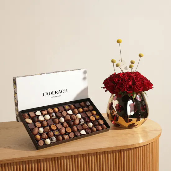 Läderach Assorted Chocolates Box | Festive Flower Vase and Balloons