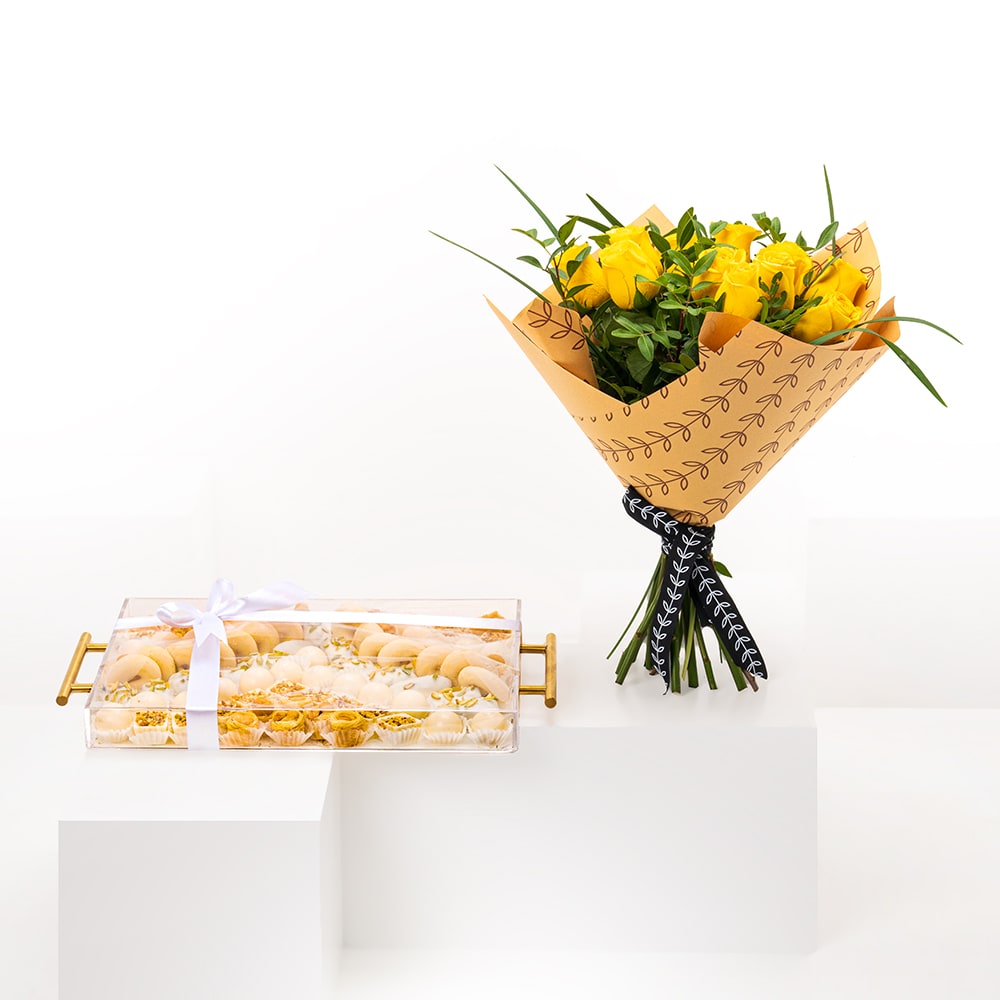 NJD Assorted Sweets Tray | Yellow Roses Bouquet
