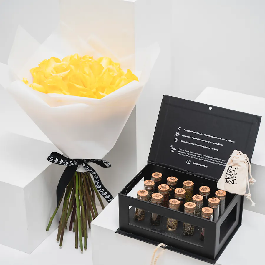 Feel Good Tea Black Discovery Box | 25 Yellow Roses Bouquet 2