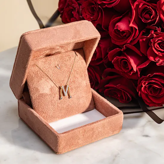 Siran by Iram Diamond Letter M Necklace | Stunning Red Roses Bouquet