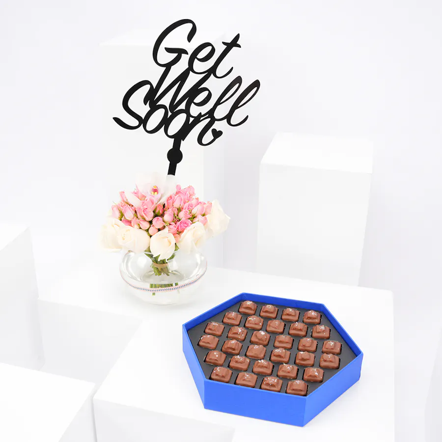 Hanoverian Pecan Chocolate with Get Well Soon Blooms Vase 5