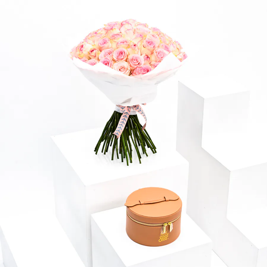 Brown Leather Box& 70 Pink Roses 6