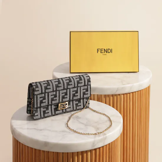 Fendi Blue Denim-Effect FF Jacquard Wallet On Chain Baguette