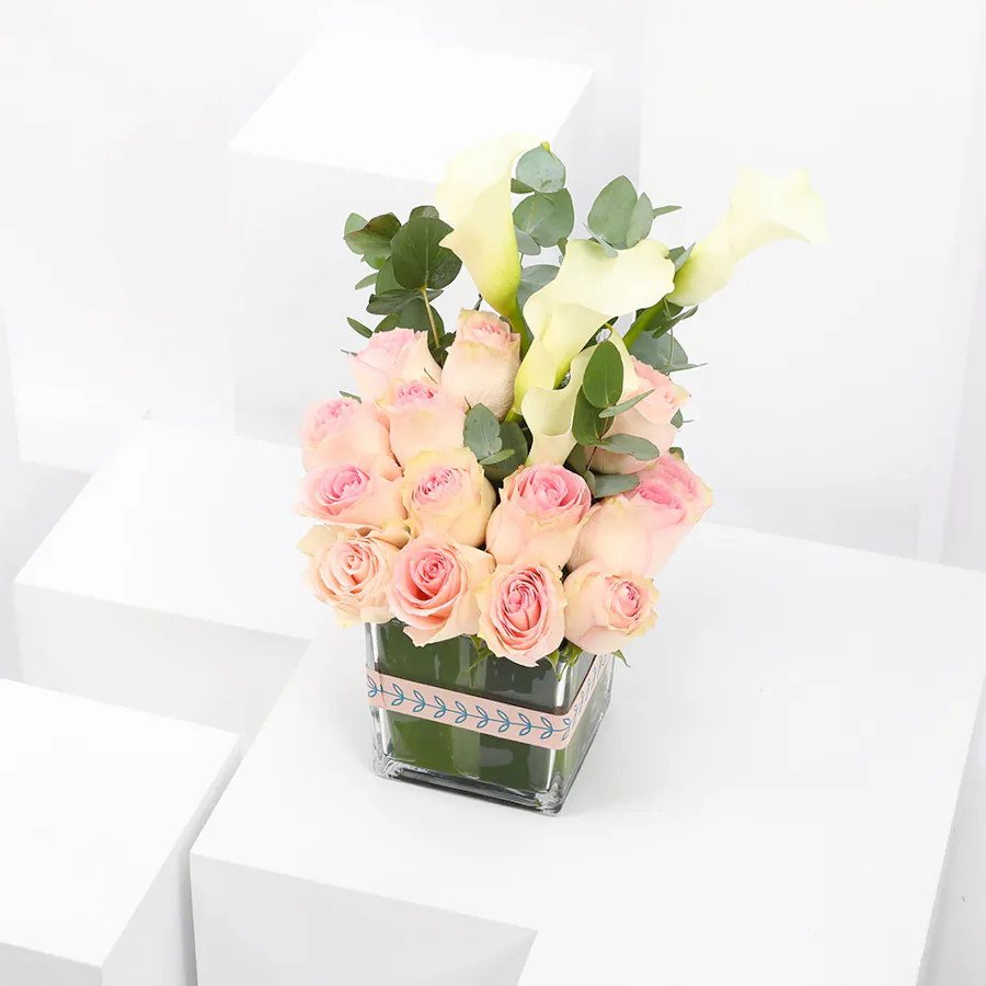 Esperance Roses & White Calla | Square Vase 1