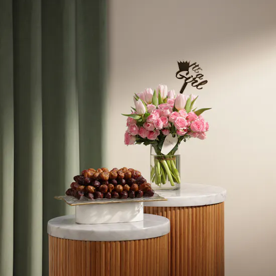 Bateel Mirage Premium Date Glass Tray | Welcome Baby Girl Flowers
