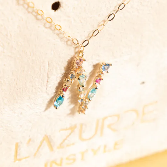 L'azurde Letter N Colored Stones Gold Necklace