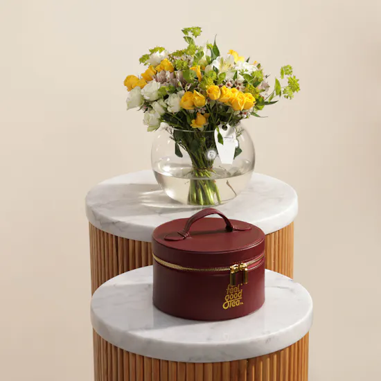 Feel Good Tea Burgundy Leather Bag | Lovely Blooms Vase