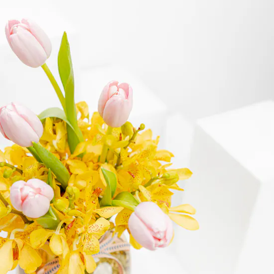 Pink Tulip & Yellow Orchid | Glass Vase