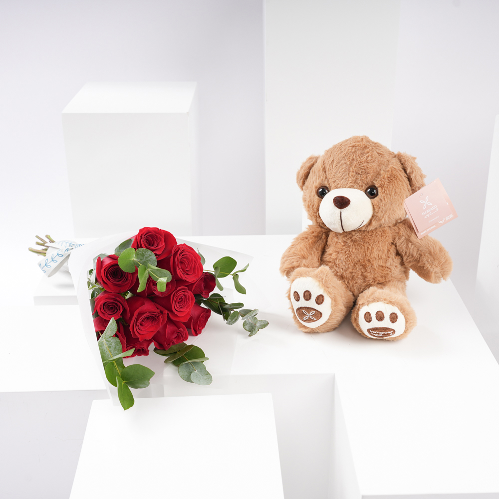 Floward Small Teddy Bear Dozen Red Roses Floward Abu Dhabi