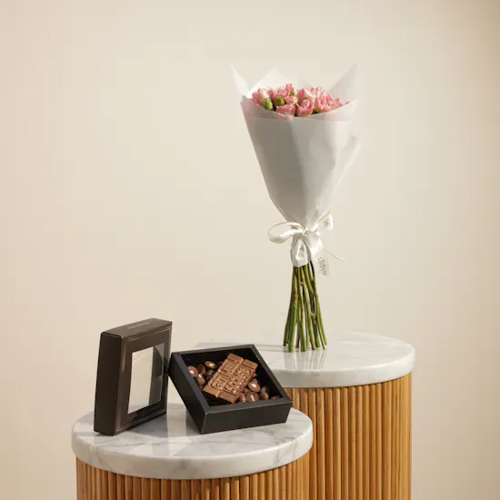 Ghazl Chocolatier Get Well Soon Mini Chocolate Box | Pink Baby Rose Bouquet