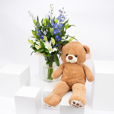 Medium Teddy | Blue & White Flowers