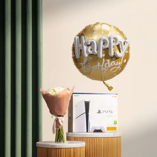 Sony PlayStation 5 White Slim Disc Version | White Roses and Happy Birthday Balloon