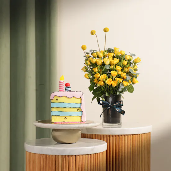 Floward Birthday Slice Comic Cake | Beautiful Memory Flower Vase
