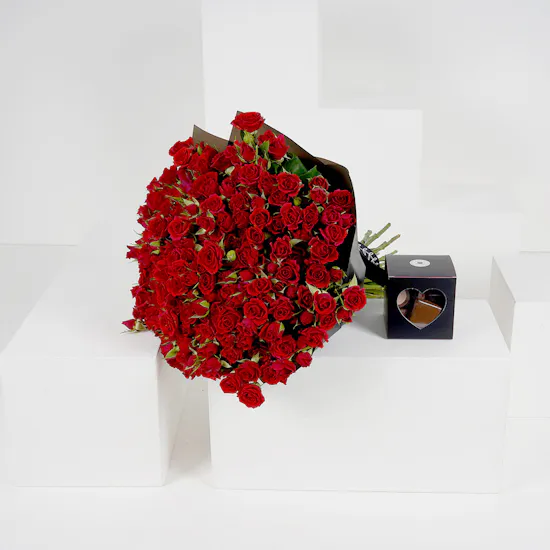 50 Red Baby Roses Hand Bouquet with a Medium Chocolate Box
