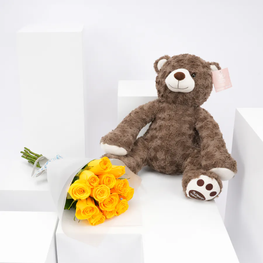 Floward Koki Bear with 12 Yellow Roses Bouquet 2
